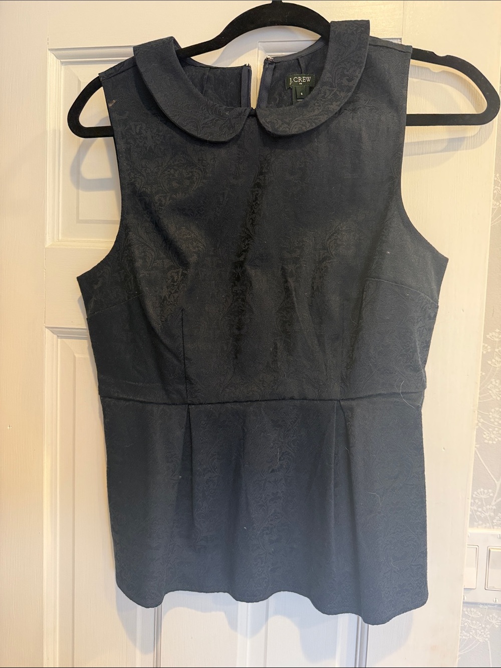J. Crew Navy Sleeveless Peter Pan Collar Peplum Top w faint jacquard print